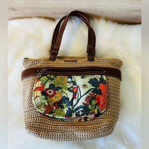 Sakroots Woven Tote with Brown Trim & Multicolor Floral Pocket